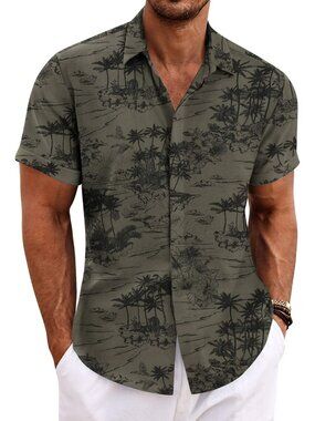 Men's Dark Green Print Classic Beach Linen Short Sleeve Casual Imported Shirt